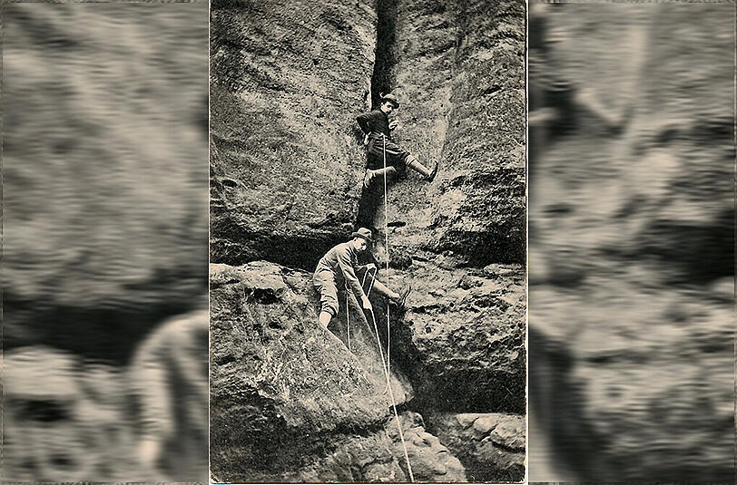 Eine Szene aus einer Besteigung des Falkenstein im Elbsandsteingebirge um 1900 &ndash; das Buch beleuchtet auch die Historie des Kletterns.