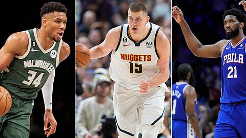 Giannis Antetokounmpo, Nikola Jokic und Joel Embiid (v.l.n.r.).