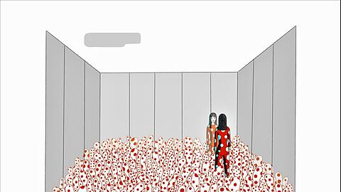 Ein Spiegelraum ohne Ausweg und wie im Werk Yayoi Kusamas voller phallischer Symbole mit typischen Punkten: Elisa Macellari hat für die Traumata der Künstlerin eindringliche Bilder gefunden.