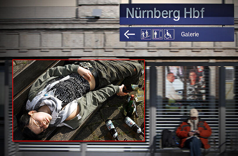 Auch wenn die Zahl der jugendlichen Komasäufer zurück geht, gibt es immer wieder extreme Fälle, wie hier am Nürnberger Hauptbahnhof. (AZ-Montage)