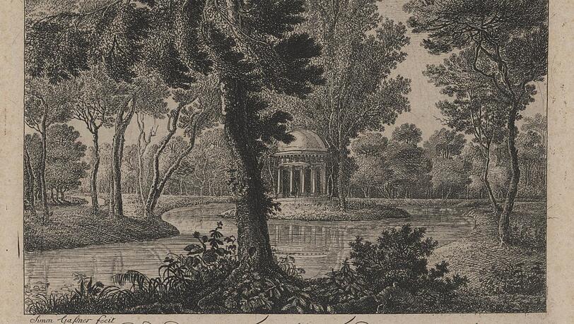 1790, kurz nachdem der Park eröffnet worden ist, zeigt dieser Stich den Apollotempel. 1790, kurz nachdem der Park eröffnet worden ist, zeigt dieser Stich den Apollotempel.