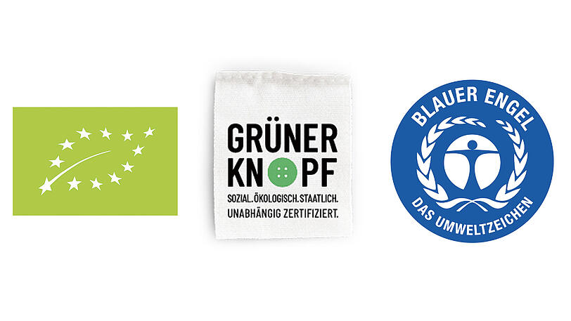 Von links: EU-Bio-Siegel, Grüner Knopf, Blauer Engel