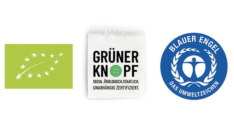 Von links: EU-Bio-Siegel, Grüner Knopf, Blauer Engel Von links: EU-Bio-Siegel, Grüner Knopf, Blauer Engel
