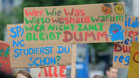Mit selbstgemalten Protestplakaten beteiligen sich diese Schülerinnen an einer Protestkundgebung.