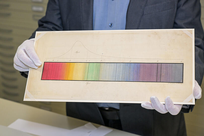 Das berühmte Sonnenspektrum von Joseph von Fraunhofer, 1817 in München veröffentlicht. Drei von Fraunhofer selbst handcolorierte Einzelexemplare sind erhalten, zwei davon im Besitz des Deutschen Museums.