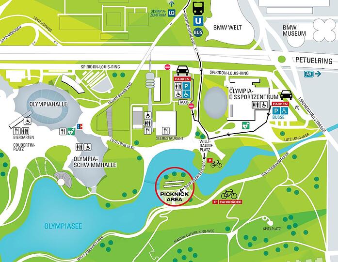 Hier geht&rsquo;s lang: Auf der Halbinsel im Olympiasee ist Picknick-Treffpunkt.