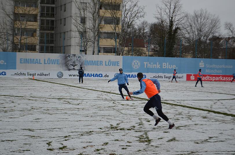Die Löwen im Schnee: Der TSV 1860 musste am Freitag vor Beginn des Trainingslagers auf weißem - und nicht wie gewohnt auf grünem - Untergrund trainieren.