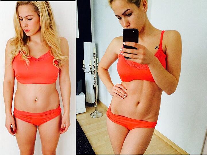 Links: So sah Angelinas Figur vor dem Training aus. Rechts: Nach dem Training ist ihr Bauch deutlich muskulöser