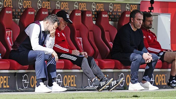 Da mag man gar nicht mehr hinschauen: Sportvorstand Salihamidzic (l.), Co-Trainer Gerland und Chefcoach Flick (v.l.).