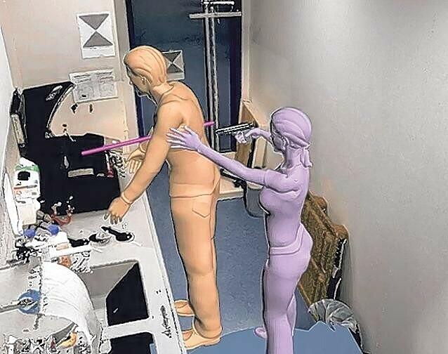 Ein Beispielbild, entstanden per Laser-Scanner und dann am Computer nachgestellt: Eine Frau schießt einem Mann in den Rücken.