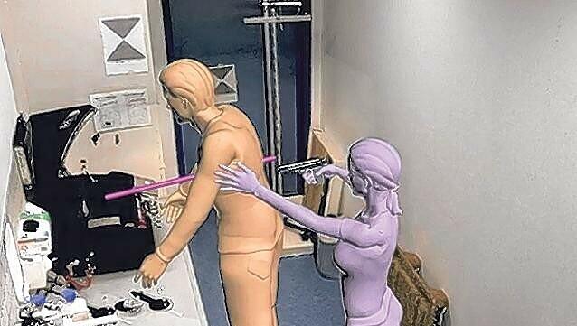 Ein Beispielbild, entstanden per Laser-Scanner und dann am Computer nachgestellt: Eine Frau schießt einem Mann in den Rücken. Ein Beispielbild, entstanden per Laser-Scanner und dann am Computer nachgestellt: Eine Frau schießt einem Mann in den Rücken.