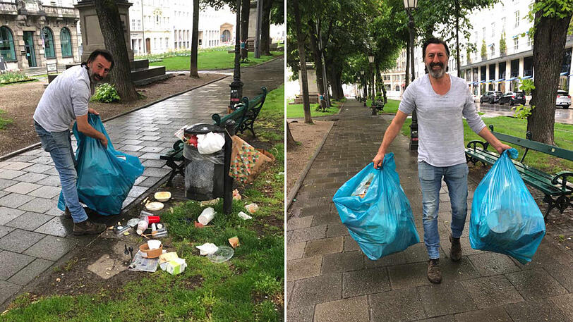 Überall Müll am Promenadeplatz: Ugo Crocamo räumt auf.
