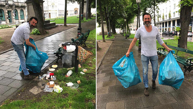 Überall Müll am Promenadeplatz: Ugo Crocamo räumt auf. Überall Müll am Promenadeplatz: Ugo Crocamo räumt auf.
