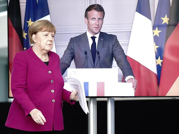Bundeskanzlerin Angela Merkel (CDU) und Frankreichs Präsident Emmanuel Macron während ihrer Pressekonferenz am vergangenen Montag.