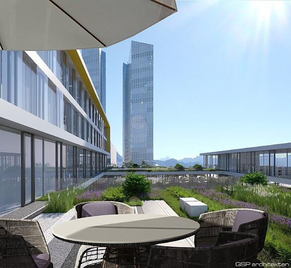 Eine der elf Dachterrassen, die das neue Microsoft-Büro haben wird.