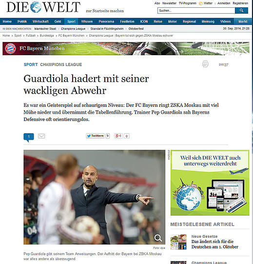 Der "Welt" fiel auf, dass Bayerns Abwehr die ein oder andere Chance zuviel zuließ, was Bayern-Trainer Pep Guardiola nicht gefiel.