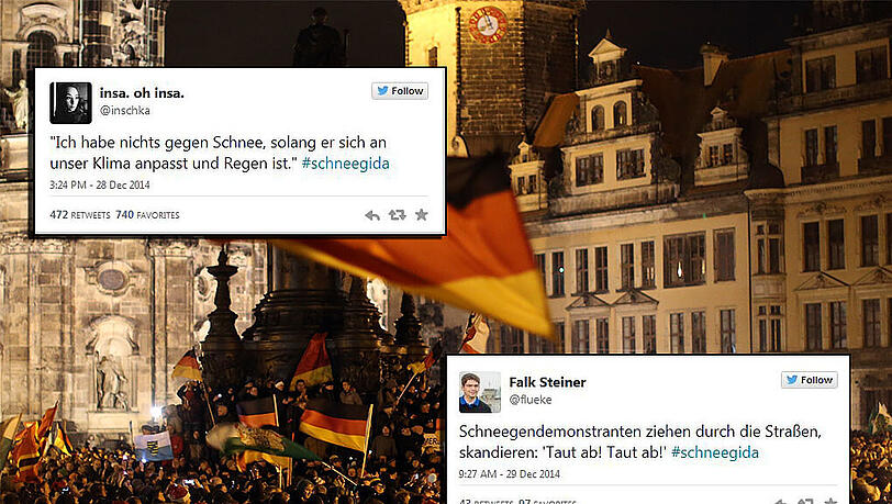 Im Minutentakt werden neue Beiträge auf Twitter gepostet, die sich mit Schnee-Anspielungen über die Pegida-Bewegung lustig machen. Im Minutentakt werden neue Beiträge auf Twitter gepostet, die sich mit Schnee-Anspielungen über die Pegida-Bewegung lustig machen.