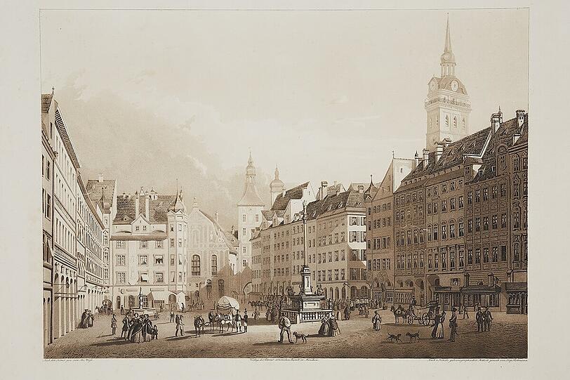 "Der Schranneplatz in München" in einer Radierung um 1840.