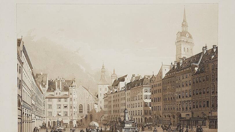 "Der Schranneplatz in München" in einer Radierung um 1840. "Der Schranneplatz in München" in einer Radierung um 1840.