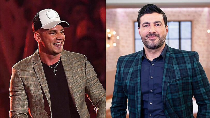 "Die Superhändler"-Moderator Sükrü Pehlivan (rechts) begrüßt Pietro Lombardi.