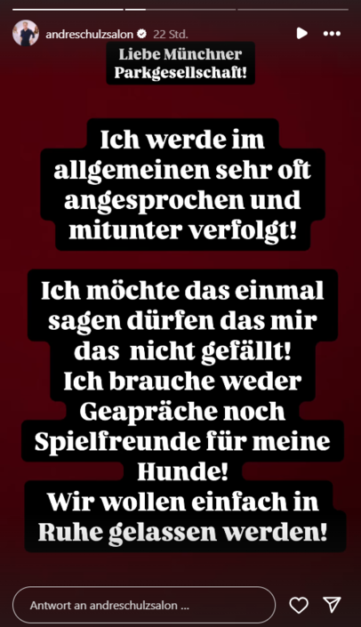 Starfriseur André Schulz beschwert sich in mehreren Instagram-Storys über Münchner Hundehalter. Starfriseur André Schulz beschwert sich in mehreren Instagram-Storys über Münchner Hundehalter.