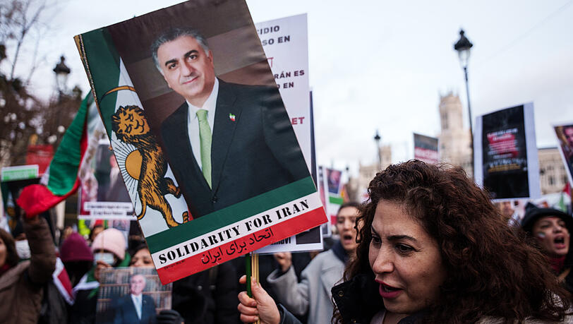 Eine Frau tr&auml;gt bei einer Demo im Januar ein Transparent mit dem Slogan &bdquo;Solidarit&auml;t f&uuml;r den Iran&ldquo;, dar&uuml;ber ein Bild von Reza Pahlavi bei einer Kundgebung zur Unterst&uuml;tzung der Demonstranten im Iran.