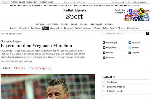 "Bayern auf dem Weg nach München", scherzt die Frankfurter Allgemeine Zeitung mit Blick auf das Champions League Finale in der Allianz Arena. Über die zweite Halbzeit bemerkt die FAZ: "Die ganz große Lust aufs Spektakel wich der professionellen Vernunft, Kräfte zu sparen für härtere Aufgaben. So wurde es eine eher reizarme zweite Halbzeit ohne große Höhepunkte. Die 66.000 Zuschauer verschmerzten es gern: Sie wissen, dass die wirklich großen Höhepunkte ihnen noch bevorstehen."