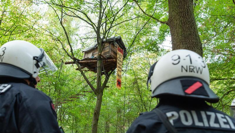 Im September 2018 erreichten die Proteste ihren Höhepunkt: Polizisten vor einem Baumhaus im Hambacher Forst. Im September 2018 erreichten die Proteste ihren Höhepunkt: Polizisten vor einem Baumhaus im Hambacher Forst.
