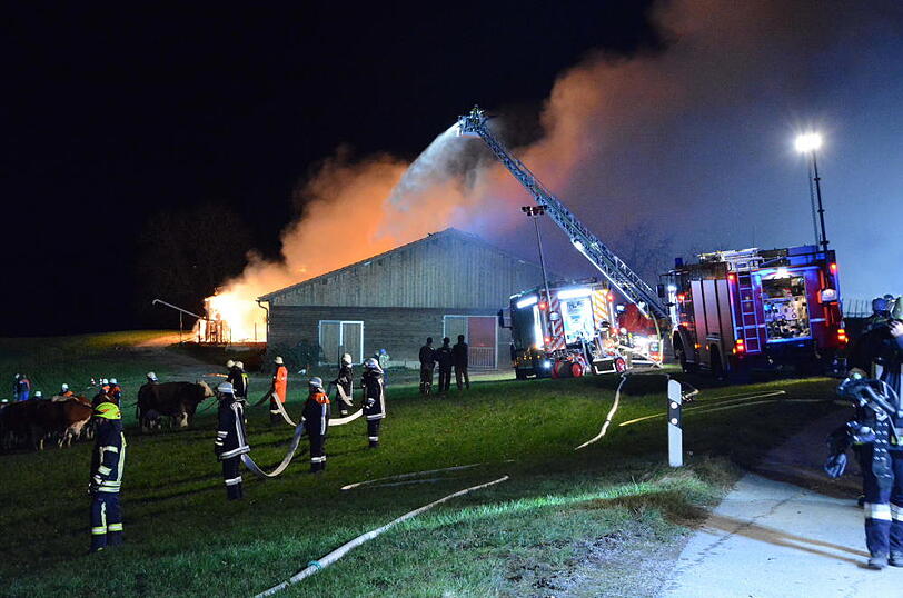 Die Flammen ließen nicht viel übrig - 30 Rinder starben im Feuer. Die Bilder vom Löscheinsatz in Wurmsham.