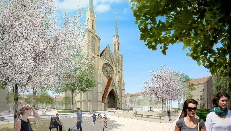 So soll es eines Tages vor der Kirche nahe der Theresienwiese aussehen. So soll es eines Tages vor der Kirche nahe der Theresienwiese aussehen.