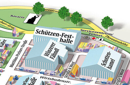 An der Wirtsbudenstraße liegen die großen Zelte: zur Linken das Winzerer Fähndl, dahinter die Schützen-Festhalle. Als nächstes kommt das Schottenhammel-Zelt...