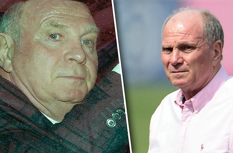 Zwischen diesen beiden Bildern liegt über ein Jahr. Links: Uli Hoeneß verlässt im März nach dem ersten Verhandlungstag das Münchner Landgericht Rechts: Hoeneß am 11. Mai 2015. Inzwischen Freigänger, besuchte der sichtlich schlankere Ex-Präsident das Abschlusstraining der Bayern vor dem Champions League Halbfinale gegen den FC Barcelona.