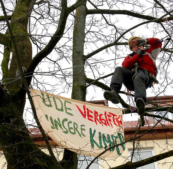 Mit Plakaten belagern Aktivisten im Winter die Bäume. Drei Ahorne sind etwa 100 Jahre alt, sollen aber dem Bau der Tiefgarage weichen.