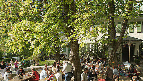 Grün ist die dominierende Farbe des idyllischen Biergartens der Schlosswirtschaft Mariabrunn. Grün ist die dominierende Farbe des idyllischen Biergartens der Schlosswirtschaft Mariabrunn.