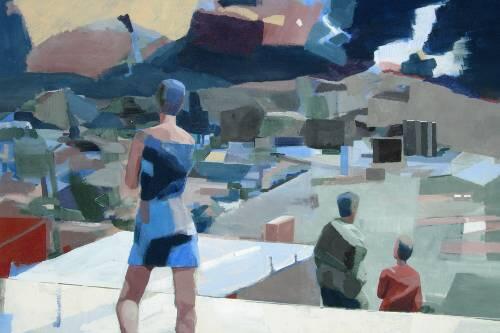 Touristen lassen den Blick über Barcelona schweifen - gesehen und gemalt von Anna-Maria Kursawe.