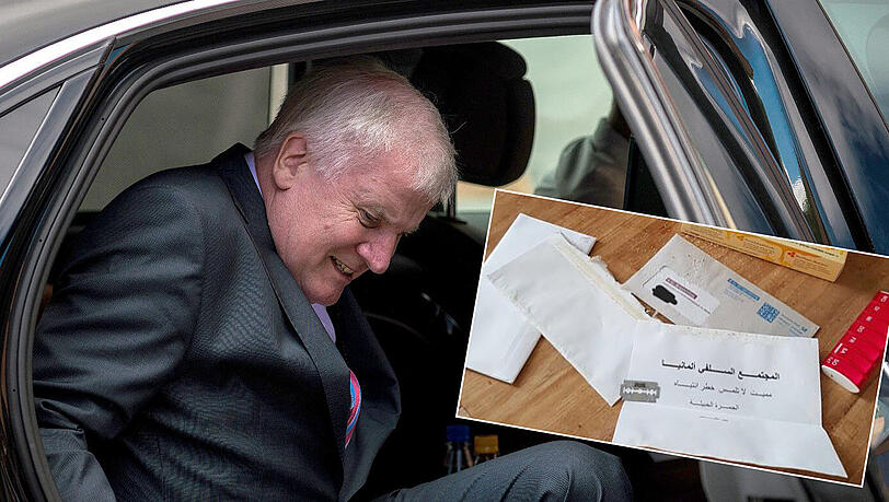 Seehofer erhielt einen der Drohbriefe. In der Sendung an Ströbele fanden sich auch eine Rasierklinge und eine Drohung in arabischer Sprache (kleines Bild). Seehofer erhielt einen der Drohbriefe. In der Sendung an Ströbele fanden sich auch eine Rasierklinge und eine Drohung in arabischer Sprache (kleines Bild).