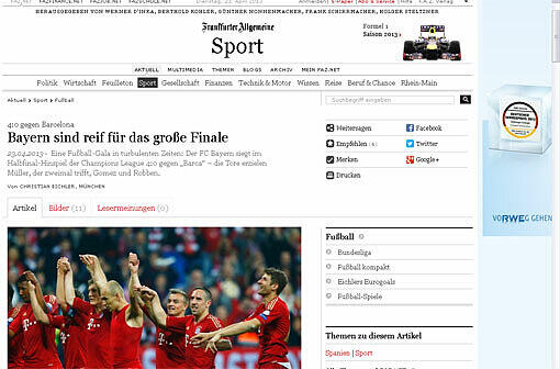 Für die "Frankfurter Allgemeine" sind die Bayern reif für das Endspiel am 25. Mai in Wembley.