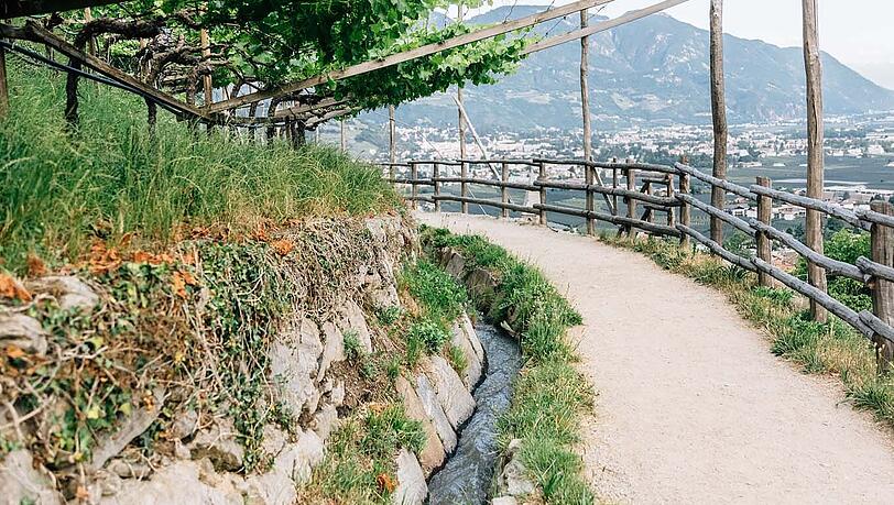 Über den ebenen Algunder Waalweg können Sie zu Fuß bis in die Kurstadt Meran wandern und dabei besondere Ausblicke über Algund und das Meraner Land genießen. Über den ebenen Algunder Waalweg können Sie zu Fuß bis in die Kurstadt Meran wandern und dabei besondere Ausblicke über Algund und das Meraner Land genießen.