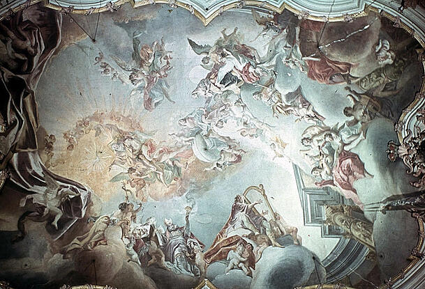 Das Hauptfresko von Cosmas Damian Asam in der Klosterkirche: "Die Aufnahme der Hl. Anna in den Himmel" - aufgenommen 1943. Das Hauptfresko von Cosmas Damian Asam in der Klosterkirche: "Die Aufnahme der Hl. Anna in den Himmel" - aufgenommen 1943.