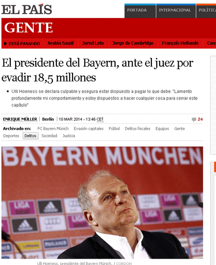 Auch in Spanien verfolgt man den Fall Hoeneß. Der Internetauftritt von "El Pais" schreibt: "Bayerns Präsident wegen der Hinterziehung von 18,5 Millionen vor dem Richter". ( Dieser Betrag mustte inzwischen nach oben korrigiert werden).