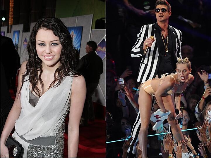 Miley Cyrus 2008 noch ganz brav (li.) und 2013 beim Skandalauftritt bei den MTV VMAs (re.)