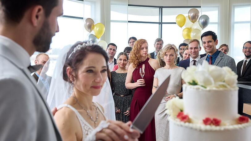 Damals schien noch alles in Ordnung: Malte (Moritz Vierboom, links) und Leyla Spiekermann (Janina Elkin, rechts) feiern Hochzeit. Auch Leylas Bandkolleginnen Jule (Marleen Lohse, Mitte) und Nele (Lana Cooper, dritte von rechts) sind dabei. Damals schien noch alles in Ordnung: Malte (Moritz Vierboom, links) und Leyla Spiekermann (Janina Elkin, rechts) feiern Hochzeit. Auch Leylas Bandkolleginnen Jule (Marleen Lohse, Mitte) und Nele (Lana Cooper, dritte von rechts) sind dabei.