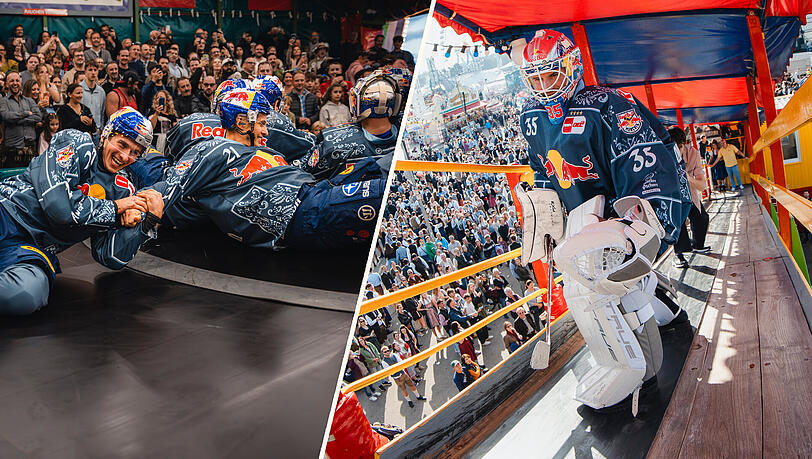 Ungewöhnlicher Anblick: Die EHC-Cracks waren in voller Eishockey-Montur auf der Wiesn. Ungewöhnlicher Anblick: Die EHC-Cracks waren in voller Eishockey-Montur auf der Wiesn.