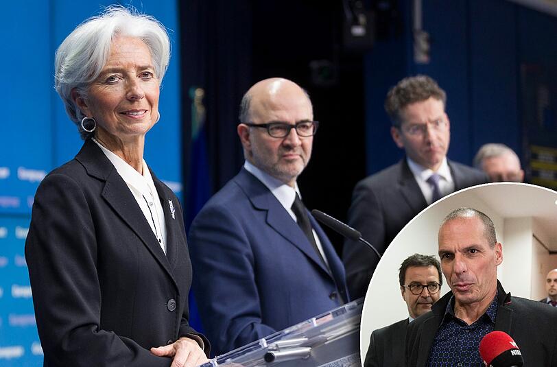IWF-Chefin Christine Lagarde, EU-Finanzminister Pierre Moscovici und Eurogruppenchef Jeroen Dijsselbloem (v.l.) haben dem griechischen Finanzminister Gianis Varoufakis (unten rechts) eine Frist bis Freitag gesetzt, um einen Antrag für eine sechsmonatige Verlängerung des Hilfsprogramms zu stellen.