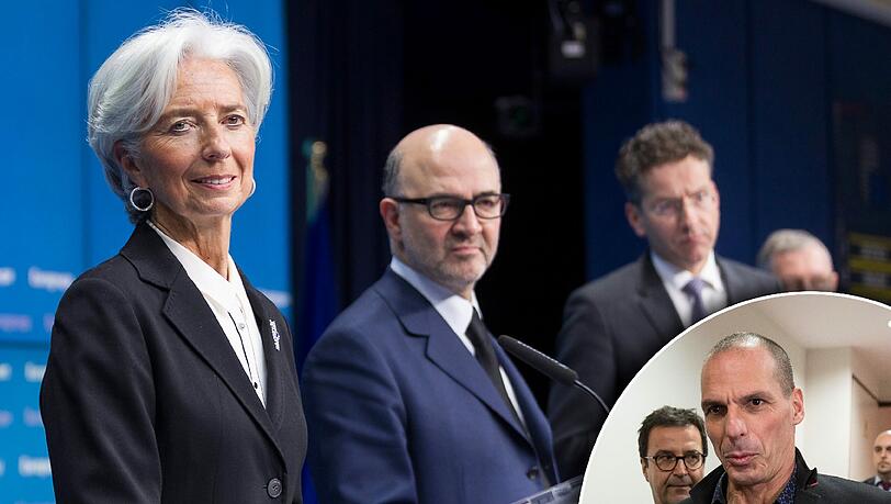 IWF-Chefin Christine Lagarde, EU-Finanzminister Pierre Moscovici und Eurogruppenchef Jeroen Dijsselbloem (v.l.) haben dem griechischen Finanzminister Gianis Varoufakis (unten rechts) eine Frist bis Freitag gesetzt, um einen Antrag für eine sechsmonatige Verlängerung des Hilfsprogramms zu stellen. IWF-Chefin Christine Lagarde, EU-Finanzminister Pierre Moscovici und Eurogruppenchef Jeroen Dijsselbloem (v.l.) haben dem griechischen Finanzminister Gianis Varoufakis (unten rechts) eine Frist bis Freitag gesetzt, um einen Antrag für eine sechsmonatige Verlängerung des Hilfsprogramms zu stellen.