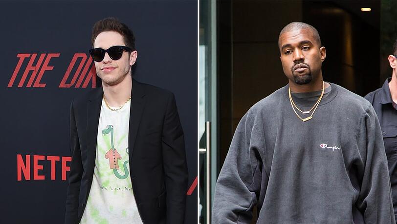 Pete Davidson (l.) und Kanye West kämpfen um Kim Kardashian.