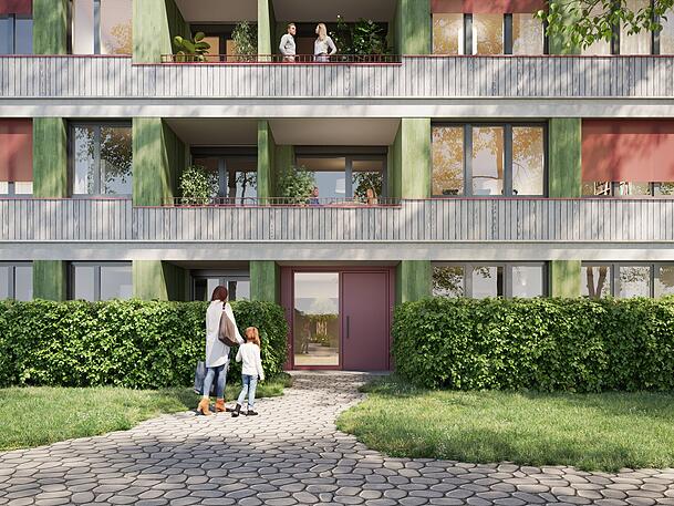 So soll die Fassade der Wohnzeilen von "Timber Living&ldquo; aussehen.