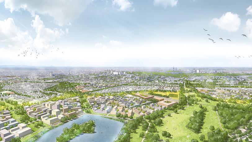 So stellt sich die Stadt den neuen Stadtteil im M&uuml;nchner Nordosten vor. 30.000 Menschen sollen dort einmal leben.
