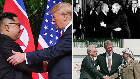Politik des Handschlags: Donalds Trump und Kim Jong Un (großes Bild), Charles de Gaulle und Konrad Adenauer (rechts oben), Jitzhak Rabin und Jasser Arafat (rechts unten).