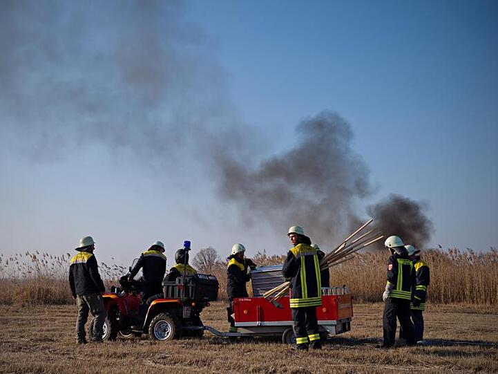 Feuerwehrmänner stehen am 12.03.2014 bei Pähl (Bayern) vor brennendem Schilf. Foto: Nicolas Armer/dpa/Archivbild